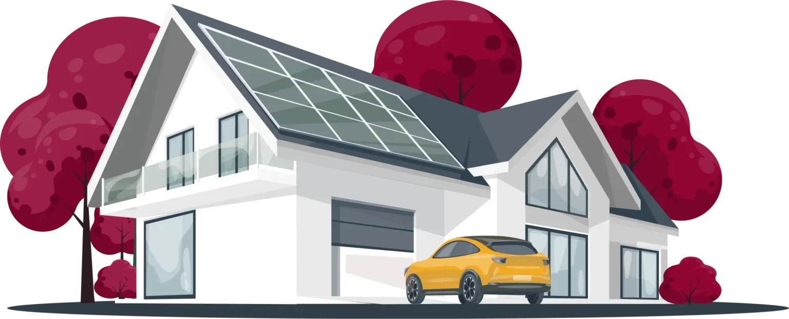 House with solar panels and car